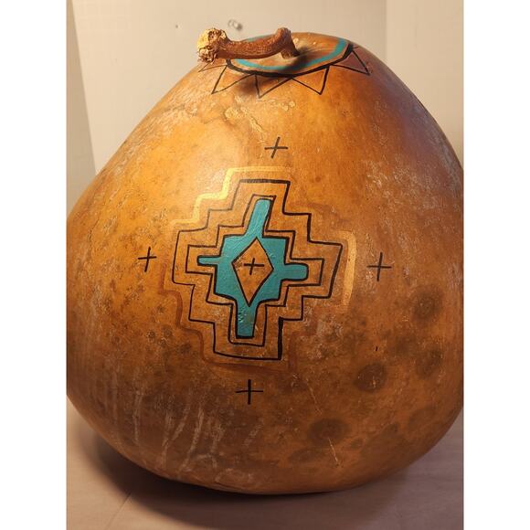 Large Kokopelli Gourd Carved & Painted Signed C. J. Prophet 15" H x 40" Circum - Picture 14 of 15